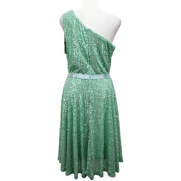 One-Shoulder Light Green Sequined Dress With Ribbon Waist Flowing Skirt Size M - Picture 10 of 12